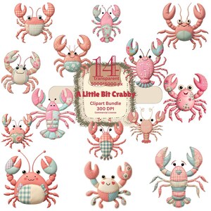 May include: A collection of 14 crab and lobster clip art images in various poses. The designs feature a patchwork style with pink, blue, and white fabrics. The text "A Little Bit Crabby" is included.