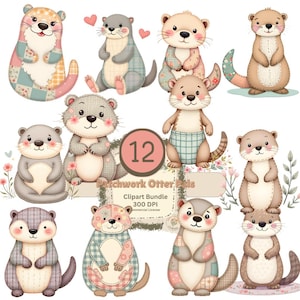 May include: A collection of 12 adorable cartoon otters in various poses. Each otter features a patchwork design in soft pastel colors, with details like hearts and floral accents. The image includes text that reads "Patchwork Otter Kids" and "Clipart Bundle".