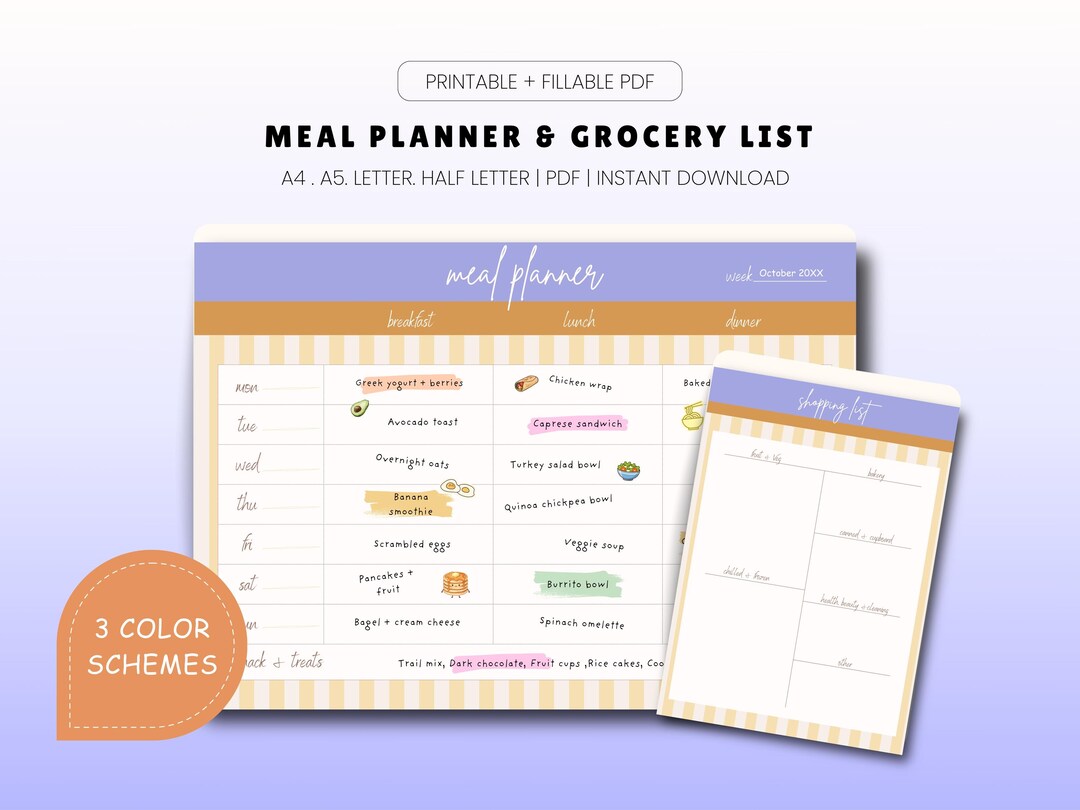 Fillable + Printable Weekly Meal Planner and Grocery List (PDF Download ...