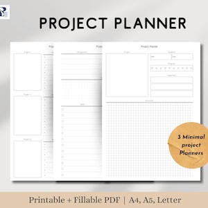 Könnte beinhalten: Ein weißer Projektplaner mit dem Text "PROJECT PLANNER" oben. Der Planer enthält Abschnitte für Projekte, Aufgaben, Tasks und ein Raster für Notizen. Das Bild enthält auch den Text "Printable + Fillable PDF | A4, A5, Letter".