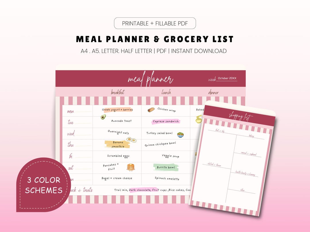 Weekly Meal Planner Printable & Grocery List, Fillable PDF Planner ...