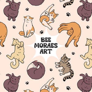 Cute Cats with Funny Poses Digital Paper Seamless File Black Cat, Tuxedo, Orange and Tabby Cat Repeat Pattern for Commercial Use Hand Drawn