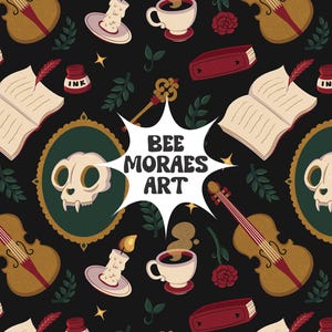 Pode incluir: Um padrão de fundo escuro com ilustrações de violinos, livros abertos com penas vermelhas, tinteiros, velas acesas, chávenas de café, rosas vermelhas e crânios em molduras ornamentadas. Uma estrela branca no centro exibe BEE MORAES ART.