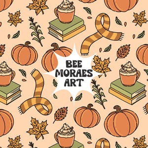 Pode incluir: Um padrão repetitivo com abóboras cor de laranja, canecas de bebidas quentes com chantilly, pilhas de livros, cachecóis às riscas e folhas de outono num fundo cor de pêssego claro. O texto BEE MORAES ART está centrado.