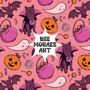 Pode incluir: Um padrão repetitivo num fundo rosa com ilustrações de gatos vampiros roxos, abóboras cor de laranja, baldes de doces cor de rosa, fantasmas brancos, chupa-chupas e dentes de vampiro. Uma estrela branca central exibe BEE MORAES ART.