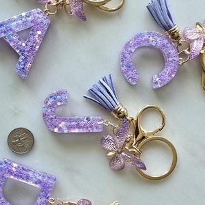Glitter Butterfly Initial Keychain, Resin Letter Bag Charm, Teen Girl Accessory