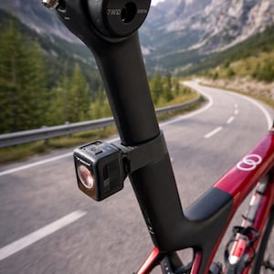 Puede incluir: Primer plano de una bicicleta roja y negra con una tija de sillín negra y una luz negra cuadrada adjunta. El fondo muestra una carretera sinuosa y montañas.