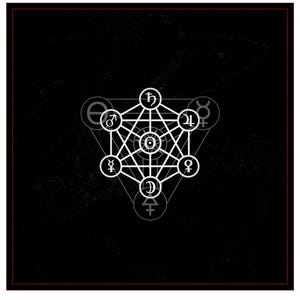 May include: A white geometric design featuring planetary symbols and interconnected shapes, set against a black background with a subtle texture. The design is framed by a thin red border.