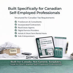 May include: Image promoting financial tools for Canadian self-employed professionals. Includes a tablet, calculator, pen, and a small succulent plant. Text reads: "Built Specifically for Canadian Self-Employed Professionals."
