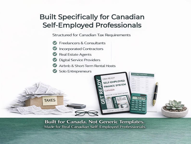 May include: Image promoting financial tools for Canadian self-employed professionals. Includes a tablet, calculator, pen, and a small succulent plant. Text reads: "Built Specifically for Canadian Self-Employed Professionals."