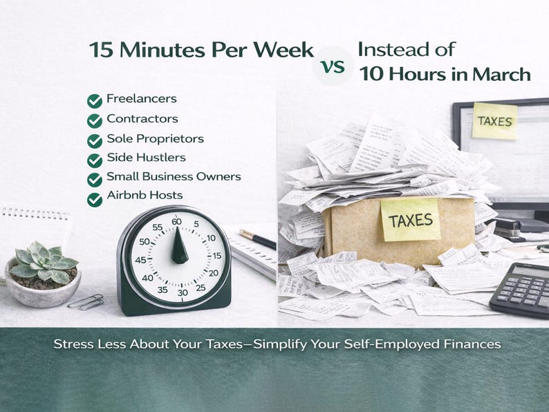 May include: Image comparing tax preparation time: 15 minutes per week versus 10 hours in March. Includes a timer, a box overflowing with tax documents, and a list of self-employed professionals. Text: Stress Less About Your Taxes&mdash;Simplify Your Self-Employed Finances.