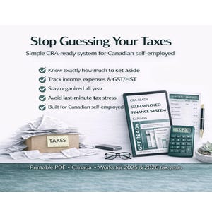 May include: An image promoting a tax system for Canadian self-employed individuals. It includes a tablet displaying "CRA-READY SELF-EMPLOYED FINANCE SYSTEM", a calculator, a pen, glasses, and a small succulent. Text reads "Stop Guessing Your Taxes".