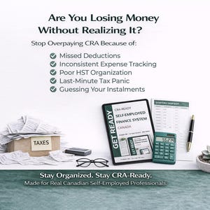 May include: An image with the text "Are You Losing Money Without Realizing It?" and "Stay Organized. Stay CRA-Ready." A calculator, tablet, pen, glasses, and receipts are displayed. A small succulent plant is in a white pot.
