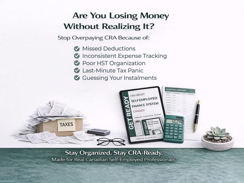 May include: An image with the text "Are You Losing Money Without Realizing It?" and "Stay Organized. Stay CRA-Ready." A calculator, tablet, pen, glasses, and receipts are displayed. A small succulent plant is in a white pot.