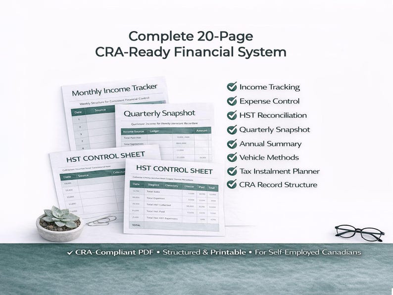 May include: A complete 20-page CRA-ready financial system. The image shows several sheets with titles like "Monthly Income Tracker" and "HST Control Sheet." Features include income tracking, expense control, and tax planning. A small succulent and glasses are also visible.