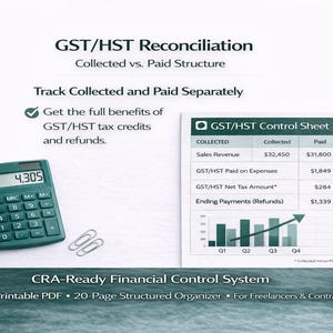 May include: A teal calculator displays the number 4,305 next to a GST/HST Control Sheet and a pen. The sheet shows financial data, including sales revenue and expenses. The image includes the text "GST/HST Reconciliation" and "CRA-Ready Financial Control System".