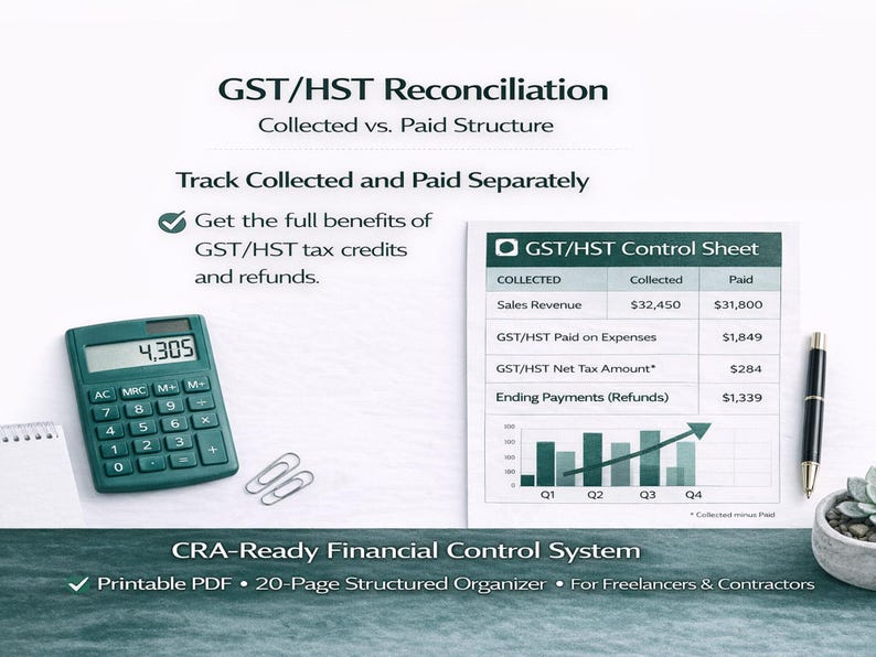 May include: A teal calculator displays the number 4,305 next to a GST/HST Control Sheet and a pen. The sheet shows financial data, including sales revenue and expenses. The image includes the text "GST/HST Reconciliation" and "CRA-Ready Financial Control System".