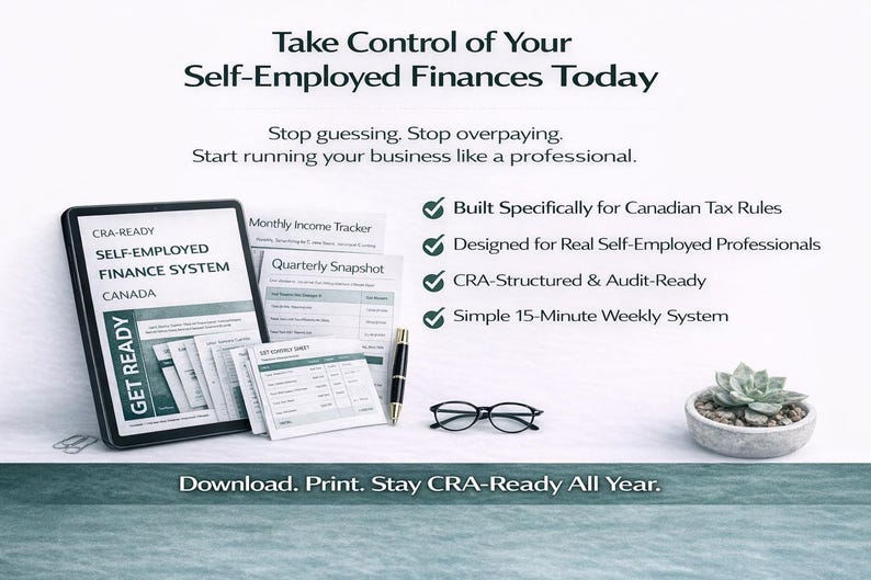 May include: An advertisement for a self-employed finance system. The image includes a tablet, documents, a pen, glasses, and a small succulent plant. Text includes "Take Control of Your Self-Employed Finances Today" and "CRA-Ready".