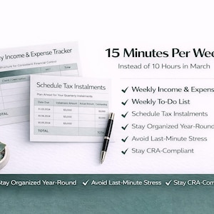 May include: Image features a financial planning theme with a Weekly Income & Expense Tracker and Schedule Tax Instalments forms. Text highlights the time-saving benefits of the system. A succulent plant and a pen are also present.