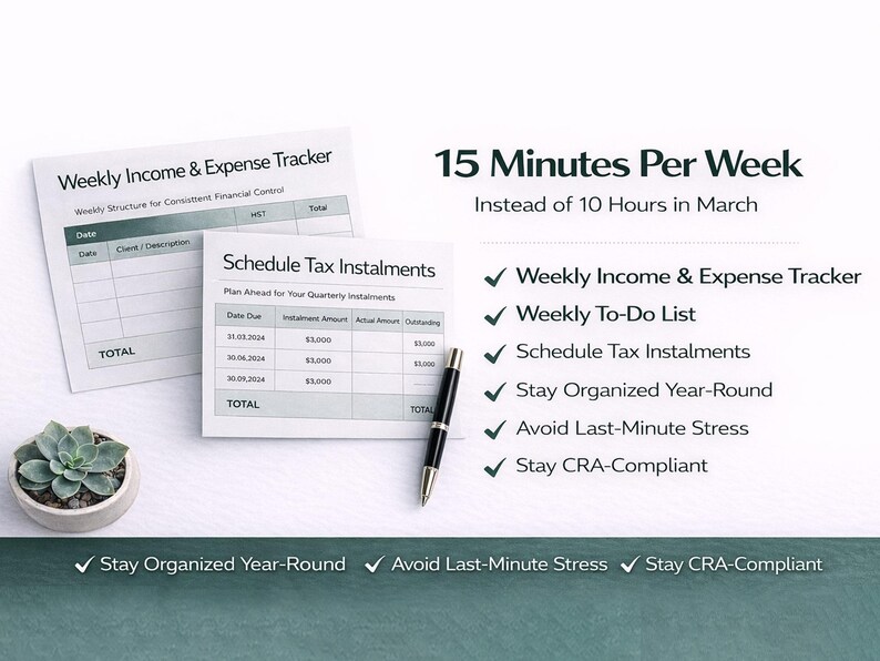 May include: Image features a financial planning theme with a Weekly Income & Expense Tracker and Schedule Tax Instalments forms. Text highlights the time-saving benefits of the system. A succulent plant and a pen are also present.