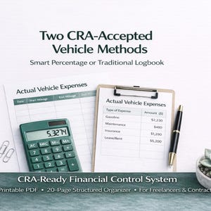 May include: An image of a financial control system with the text "Two CRA-Accepted Vehicle Methods". It includes a calculator, clipboard with expense details, pen, and a succulent plant. The calculator displays "5,3274". The text "CRA-Ready Financial Control System" is also visible.