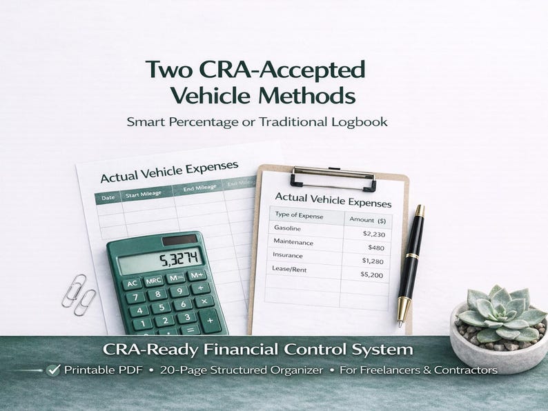 May include: An image of a financial control system with the text "Two CRA-Accepted Vehicle Methods". It includes a calculator, clipboard with expense details, pen, and a succulent plant. The calculator displays "5,3274". The text "CRA-Ready Financial Control System" is also visible.