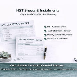 May include: Image of tax planning documents with the text "HST Sheets & Instalments" and "HST Control Sheet". Includes a pen, succulent, paperclip, and glasses. Text reads "CRA-Ready Financial Control System".