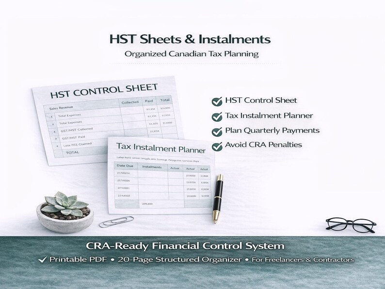 May include: Image of tax planning documents with the text "HST Sheets & Instalments" and "HST Control Sheet". Includes a pen, succulent, paperclip, and glasses. Text reads "CRA-Ready Financial Control System".