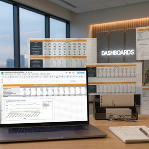Puede incluir: Un ordenador portátil que muestra una hoja de cálculo con gráficos y datos está sobre un escritorio de madera. Varias hojas de cálculo impresas y la palabra "DASHBOARDS" en letras iluminadas están en el fondo. Un cuaderno, un bolígrafo, gafas y un organizador de escritorio también están en el escritorio.