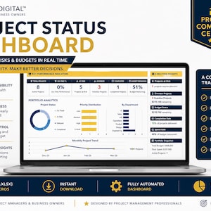 May include: A laptop screen displays a project status dashboard with charts and data visualizations. The dashboard includes key performance indicators, portfolio analytics, and a monthly project trend graph. Text on the screen reads "Project Status Dashboard."