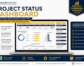 May include: A laptop screen displays a project status dashboard with charts and data visualizations. The dashboard includes key performance indicators, portfolio analytics, and a monthly project trend graph. Text on the screen reads "Project Status Dashboard."