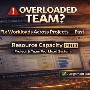 May include: A digital display shows project management data. Text reads "OVERLOADED TEAM?" and "Fix Workloads Across Projects - Fast." The screen displays a "Resource Capacity PRO" system with workload percentages and a 75% completion graphic.