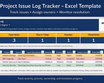 Project Issue Log Tracker | Excel PMO Template (Digital Download)