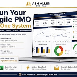 Op de afbeelding: Een laptopscherm toont een dashboard met de titel "Agile Portfolio Dashboard". Het toont grafieken en gegevensvisualisaties. De tekst bevat "Run Your Agile PMO in One System" en "Built for Scrum Masters, PMOs & Agile Teams."