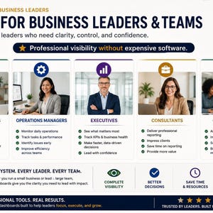 May include: An infographic titled BUILT FOR BUSINESS LEADERS & TEAMS by Ash Allen Digital. It features five professional roles with icons and bulleted lists of benefits, followed by a section on system clarity and a five-star trust rating.