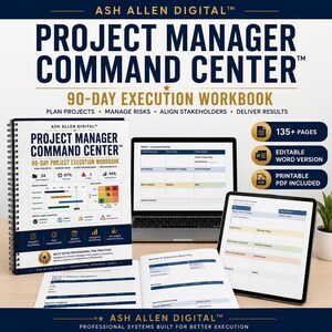 Project Manager Planner | 90-Day Project Management Workbook | PMP Productivity Planner | Risk Tracker | PMO Execution Notebook