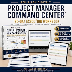 Project Manager Command Center™ | 90 Day Execution Planner | PM Workbook | Risk Tracker | PMP Template | Editable Word PDF