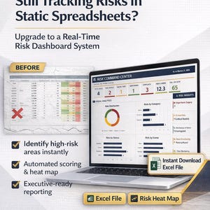 May include: A laptop displays a real-time risk dashboard system, contrasting with a static spreadsheet. The screen shows data visualizations, charts, and the text "Risk Command Center". Features include instant high-risk area identification and automated scoring.