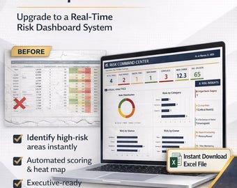 May include: A laptop displays a real-time risk dashboard system, contrasting with a static spreadsheet. The screen shows data visualizations, charts, and the text "Risk Command Center". Features include instant high-risk area identification and automated scoring.