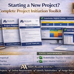 May include: Project initiation toolkit with templates and dashboards. Includes project proposal, charter, and stakeholder matrix templates. Also features Excel dashboards for stakeholder register tracking and RACI matrix.