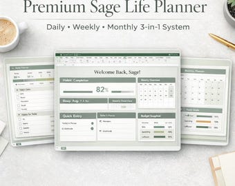 May include: A Premium Sage Life Planner with a daily, weekly, and monthly 3-in-1 system. The image shows three digital planner screens with various layouts, including habit tracking, weekly overviews, and monthly calendars. The text "Welcome Back, Sage!" is visible.