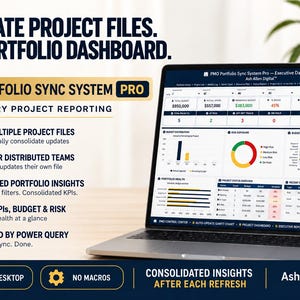 Könnte beinhalten: Ein Laptop zeigt das PMO Portfolio Sync System Pro Executive Dashboard. Der Bildschirm enthält Projektdaten, Budgetverteilung, Risikobewertung und Statusübersichten. Der Text lautet Separate Project Files, One Portfolio Dashboard.