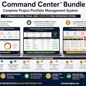 PMO Command Center™ Bundle | Portfolio Dashboard, Resource Capacity Planner & Governance Excel System