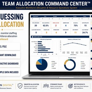 May include: A laptop screen showing a team allocation dashboard with data visualizations and key metrics. The screen displays charts and text including "Stop Guessing Team Allocation" and "Excel File". The theme is workforce management.