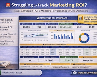 Marketing Dashboard Excel Template | Campaign KPI Tracker, ROI Analytics, Channel Performance & Spend Spreadsheet