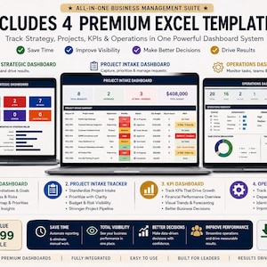 May include: A digital business management suite featuring four Excel templates displayed on three laptop screens. The dashboards show various data visualizations, project intake tables, and operational metrics with text labels including Executive Strategic Dashboard, Project Intake Dashboard, and Operations Dashboard.