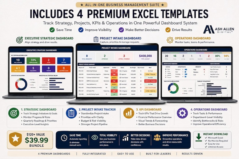 May include: A digital business management suite featuring four Excel templates displayed on three laptop screens. The dashboards show various data visualizations, project intake tables, and operational metrics with text labels including Executive Strategic Dashboard, Project Intake Dashboard, and Operations Dashboard.