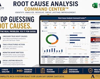 Root Cause Analysis Excel Template | RCA Dashboard with 5 Whys, Fishbone & Action Tracker | Lean Six Sigma Problem Solving Tool