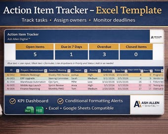 Action Item Tracker Excel Template for Project Tracking | Digital Download