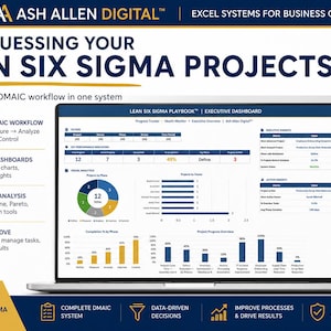 May include: A laptop displays a Lean Six Sigma dashboard with charts and data. The screen shows project progress, KPIs, and a DMAIC workflow. The image includes icons for Excel file, instant download, and example data.